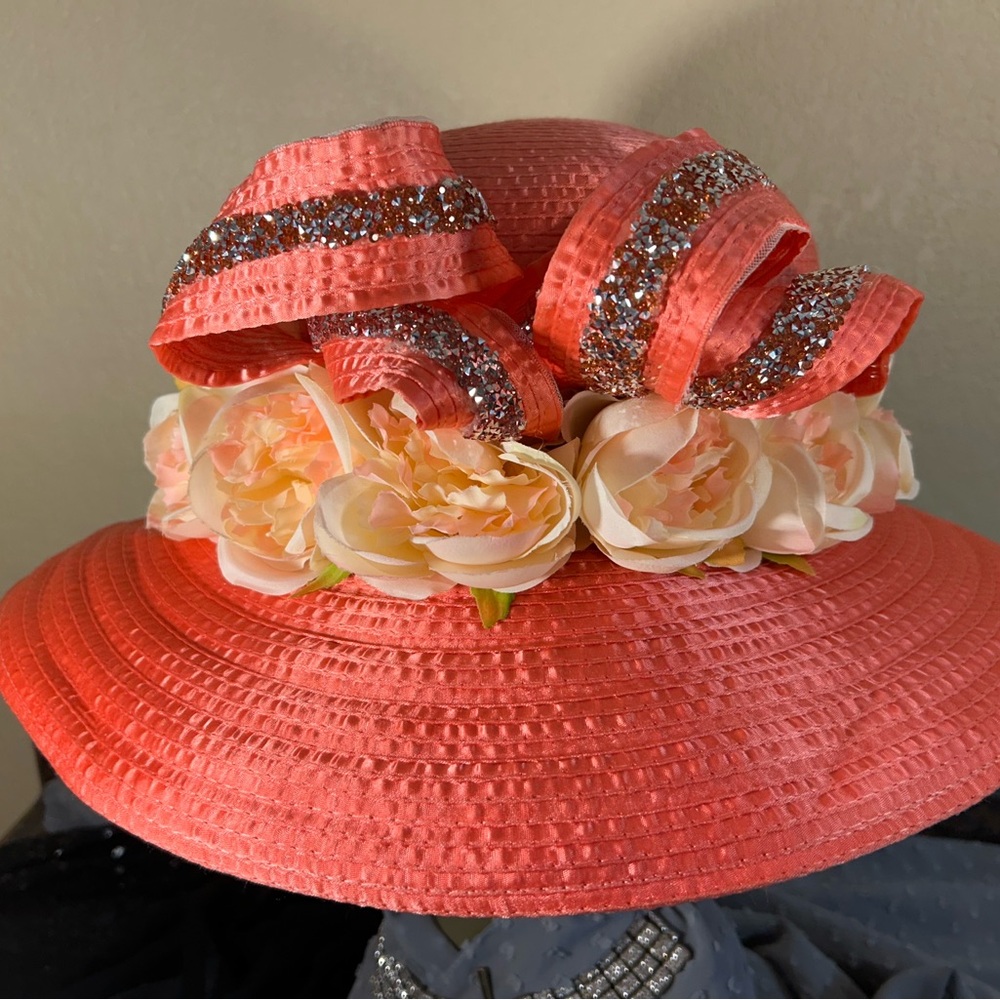 Elegant Coral Hat with Floral Accents